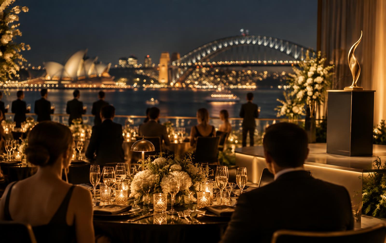 Guests at an elegant harbourside evening event with Sydney Harbour lit behind them